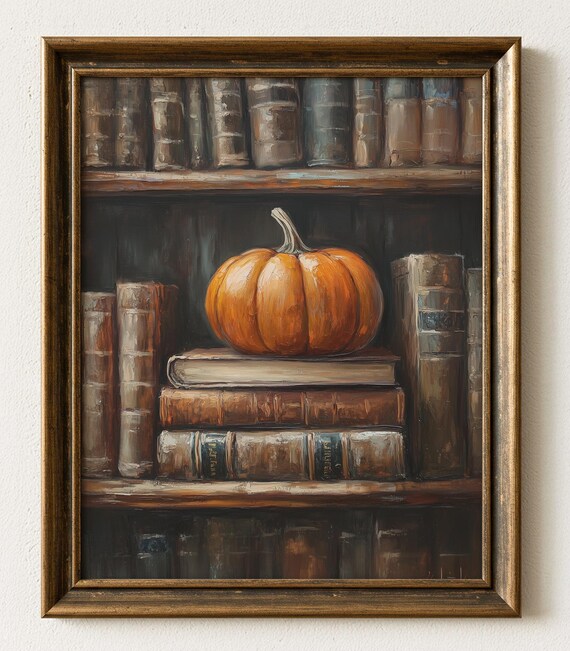 Autumn Pumpkin Stacked Books Vintage Library Fall Scene Poster