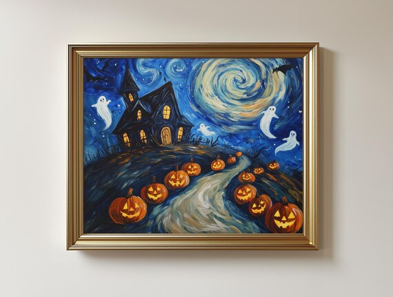 Spooky Halloween Nightscape Art Print Haunted House Jackolanterns 362