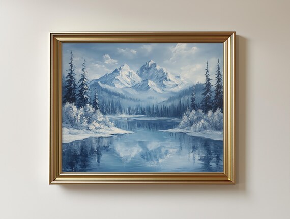 Winter Mountain Lake Snowcapped Peaks Rustic Snowy Pine Landscape Art Print