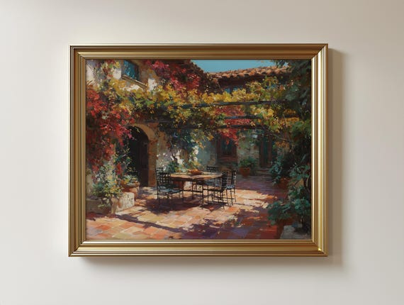 Tuscan Villa Patio Print Rustic Summer Courtyard Scene 517