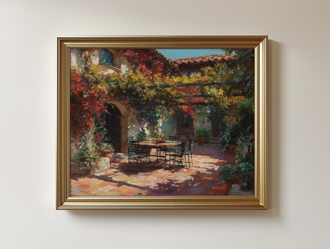 Tuscan Villa Patio Print Rustic Summer Courtyard Scene 517