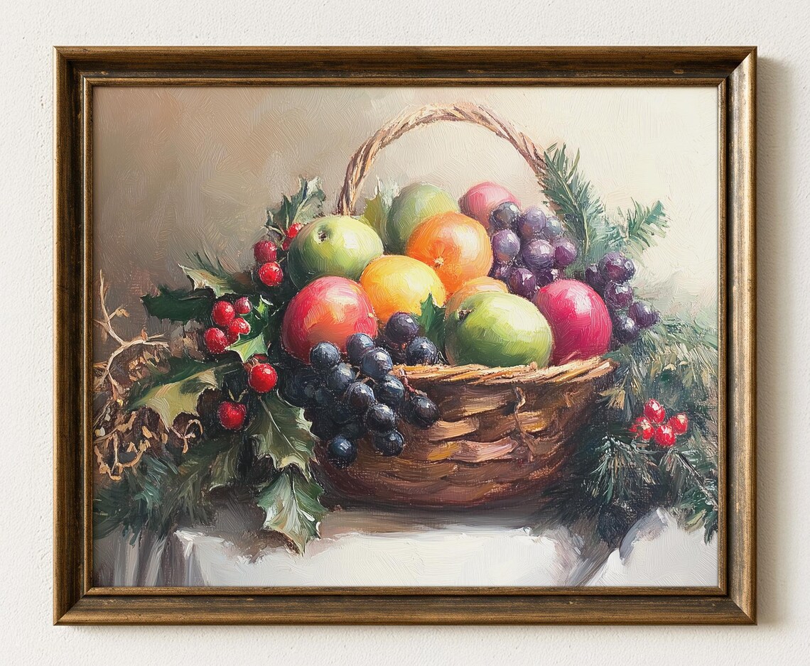 Christmas Fruit Basket Painting, Vintage Holiday Art