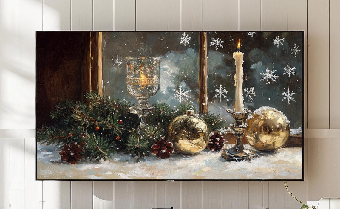 Festive Christmas Still Life Frame Tv Art Candle Ornaments 811