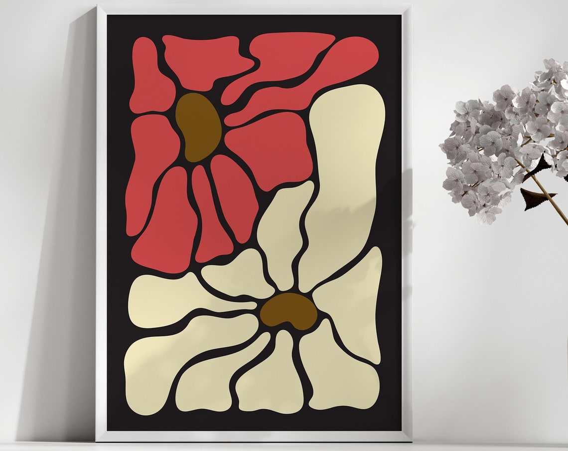 Two Abstract Flowers Poster Red Beige Black Modern Boho Floral Duo Art - Image 3