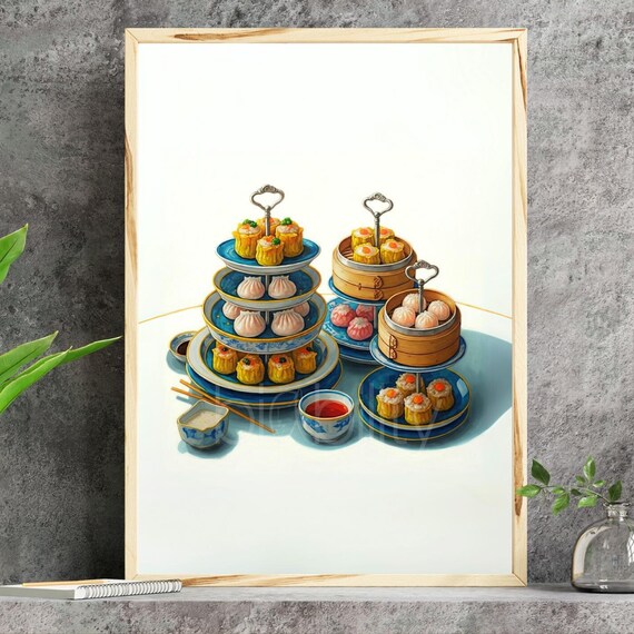 Dim Sum High Tea Tiered Stand Watercolor Yum Cha Dumpling Poster