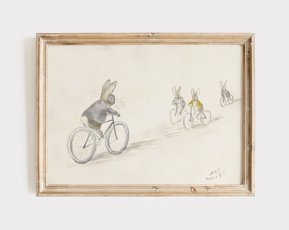 Beatrix Potter Biker Bunnies Vintage Illustration Benjamin Bunny And Friends On Bicycles Nursery Print Childrens Book Rabbit Art