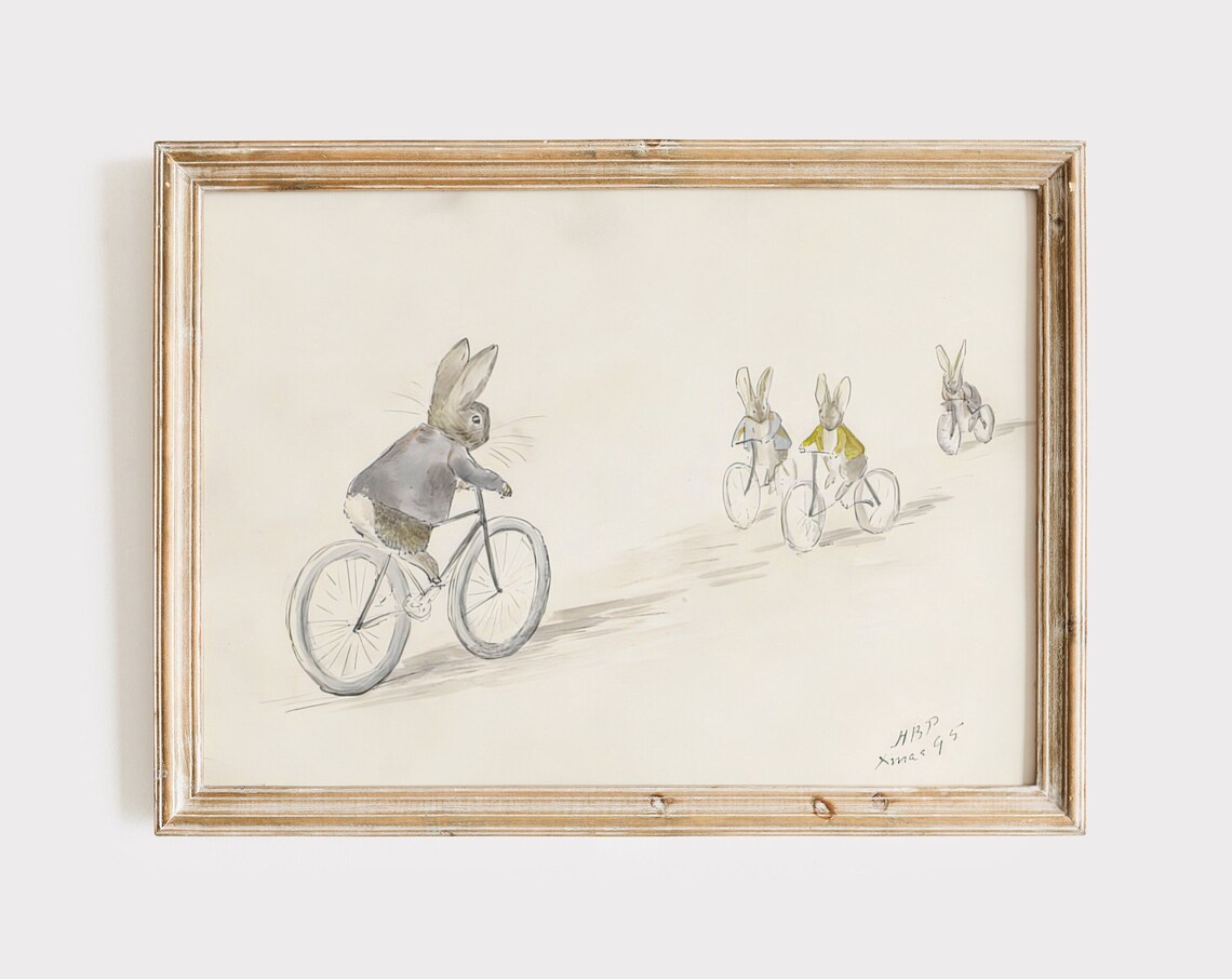 Four Rabbits Riding Bicycles Charming Watercolor Bunny Art Poster