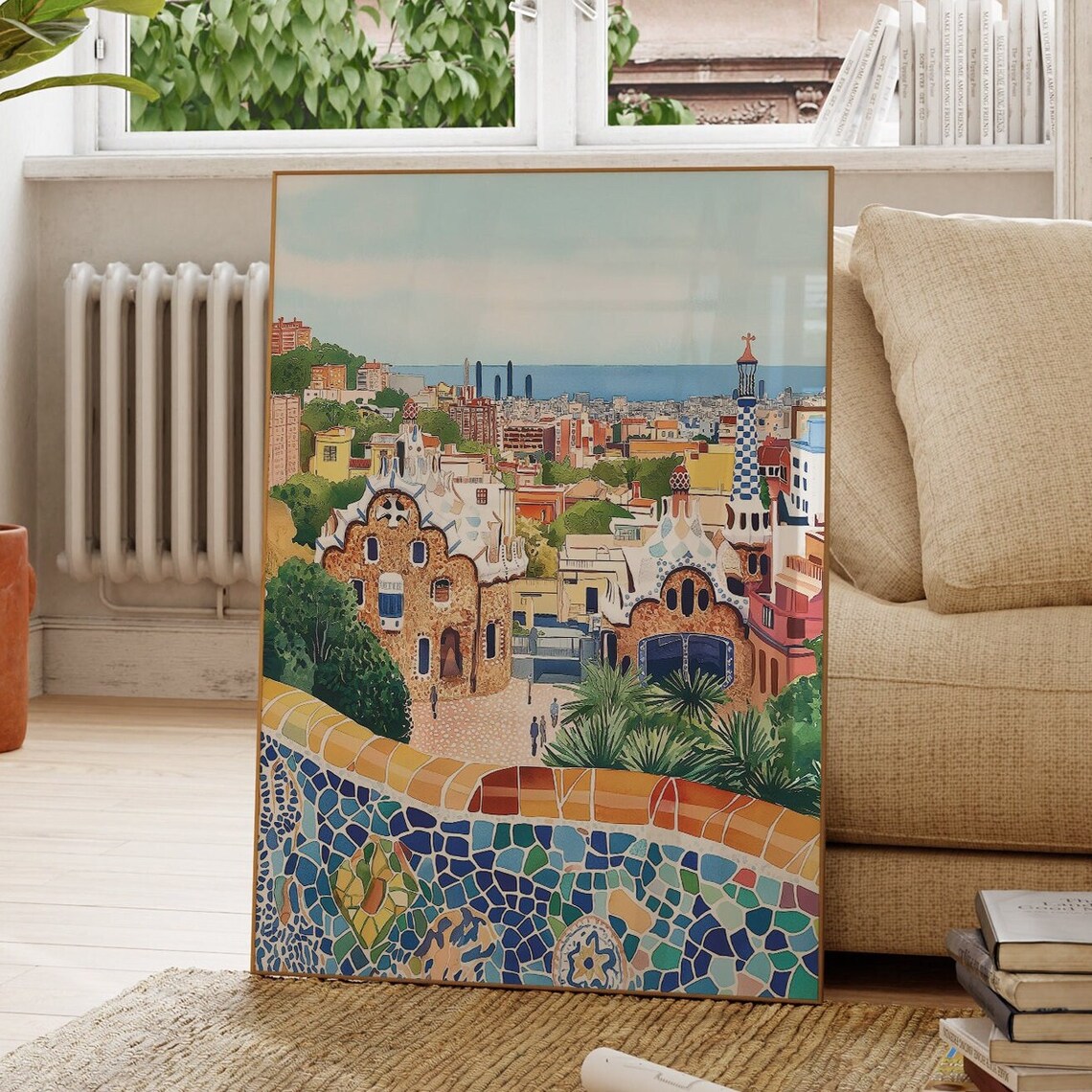Barcelona Spain Park Guell Mosaic Terrace Gaudi Watercolor Poster