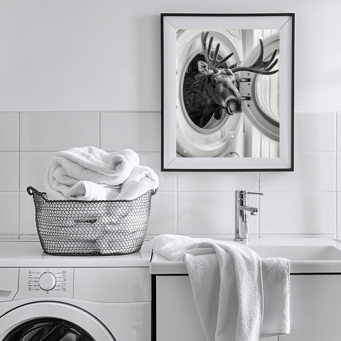 Moose In Washing Machine Poster Funny Laundry Room Black And White Wall Decor - Image 3