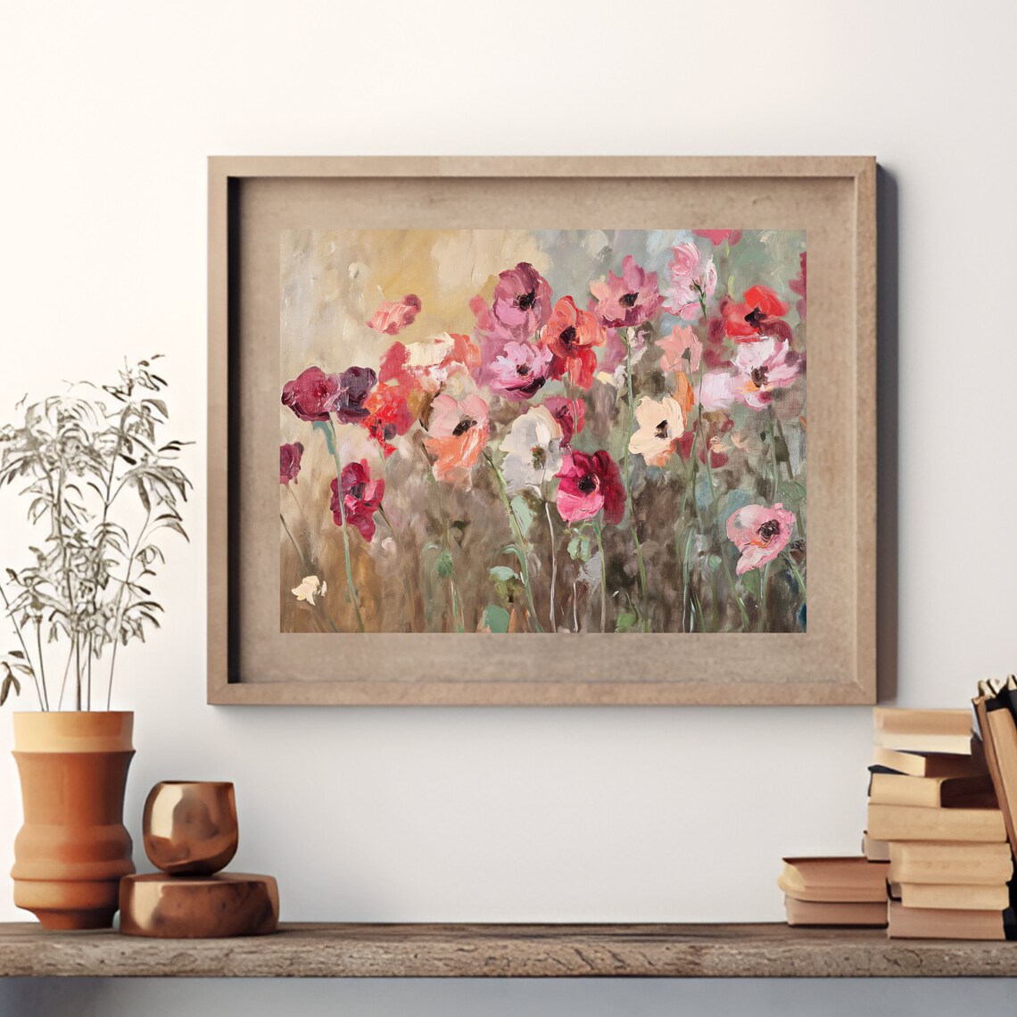Red and Pink Poppy Field Blooming Vintage Floral Oil Painting Style Print - Image 3