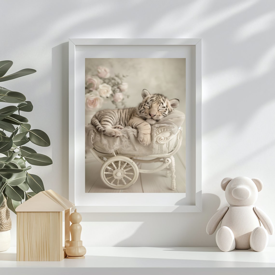 Baby Tiger Cub Sleeping on White Stroller Soft Rose Nursery Poster - Image 2