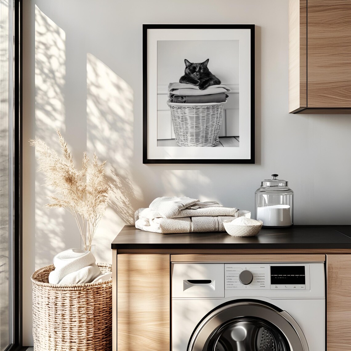 Black Cat Sleeping on Laundry Basket, Laundry Room Art Print - Image 2