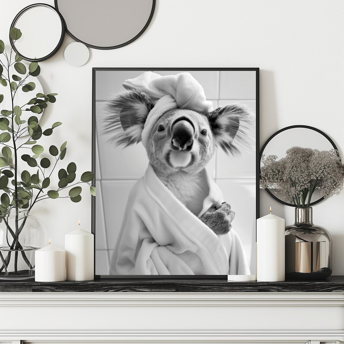 Koala In Towel Turban Poster Funny Bathroom Black And White Animal Photo Decor - Image 2