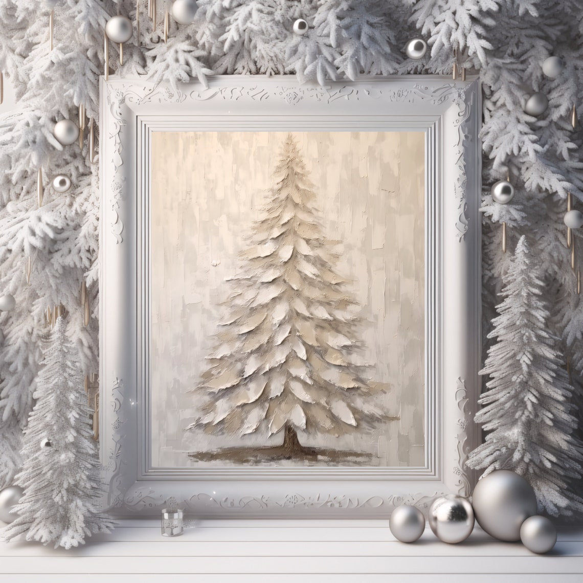 Neutral White Christmas Tree Textured Oil Painting Winter Poster - Image 2