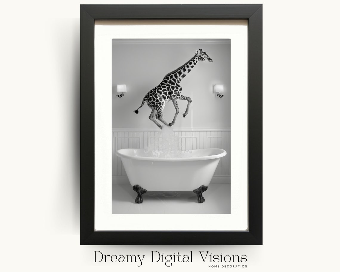 Giraffe Jumping Into Bathtub Funny Black and White Bathroom Poster
