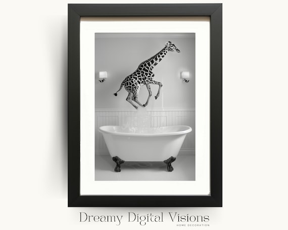 Giraffe Jumping Into Bathtub Funny Black and White Bathroom Poster
