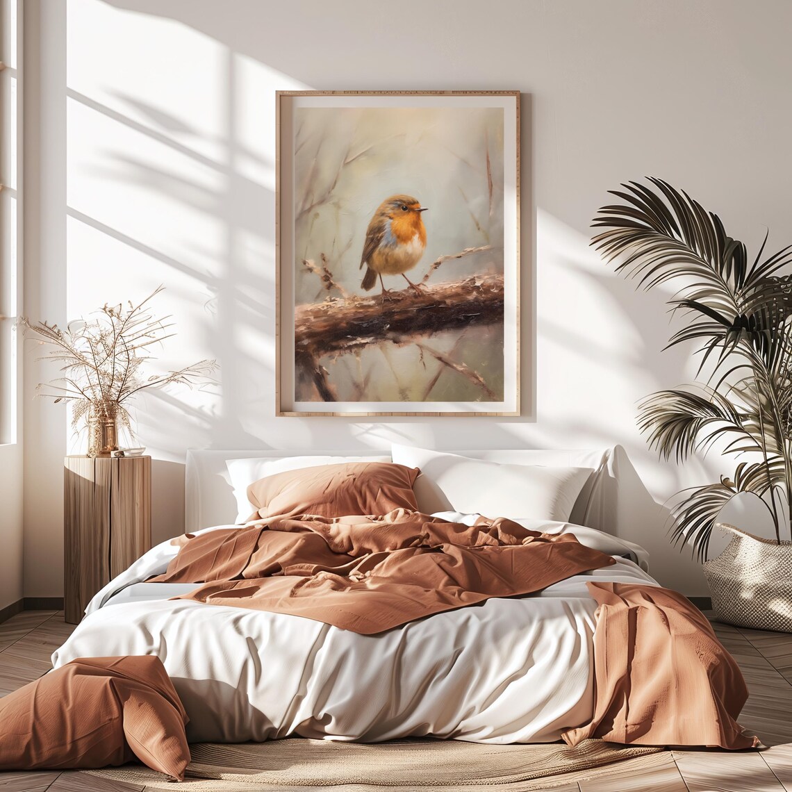 Robin On Branch Poster Rustic Autumn Bird Painting Fall Wall Decor Wildlife Art - Image 3