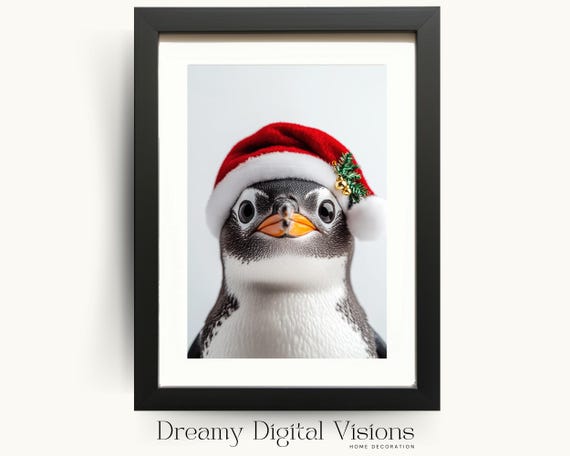 Adorable Penguin In Christmas Hat Cute Christmas Art Seasonal Home Decor Holiday Kids Room Decor Christmas Wall Art