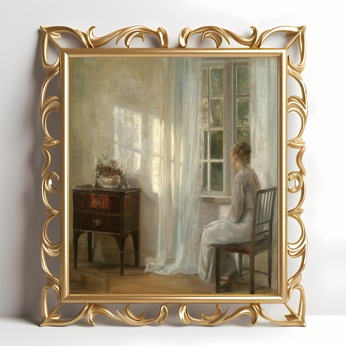 Vintage Woman By Window Sunlit Interior Antique Oil Painting Poster - Image 3