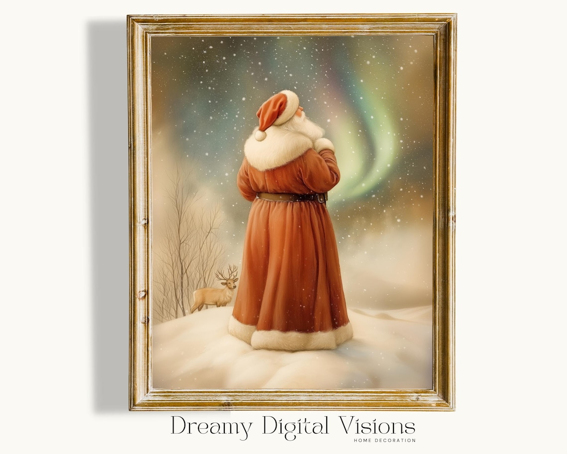 Santa Claus Under the Northern Lights in the Snow Christmas Poster
