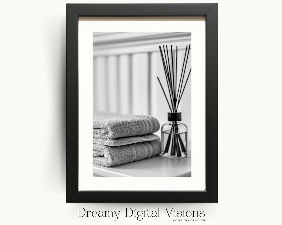 Folded Spa Towels and Reed Diffuser Black and White Art Poster