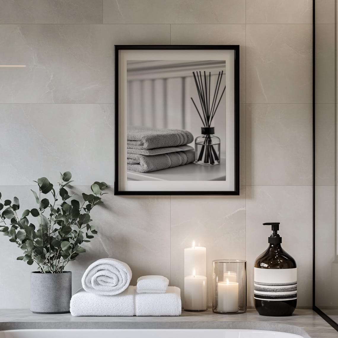 Folded Spa Towels and Reed Diffuser Black and White Art Poster - Image 3