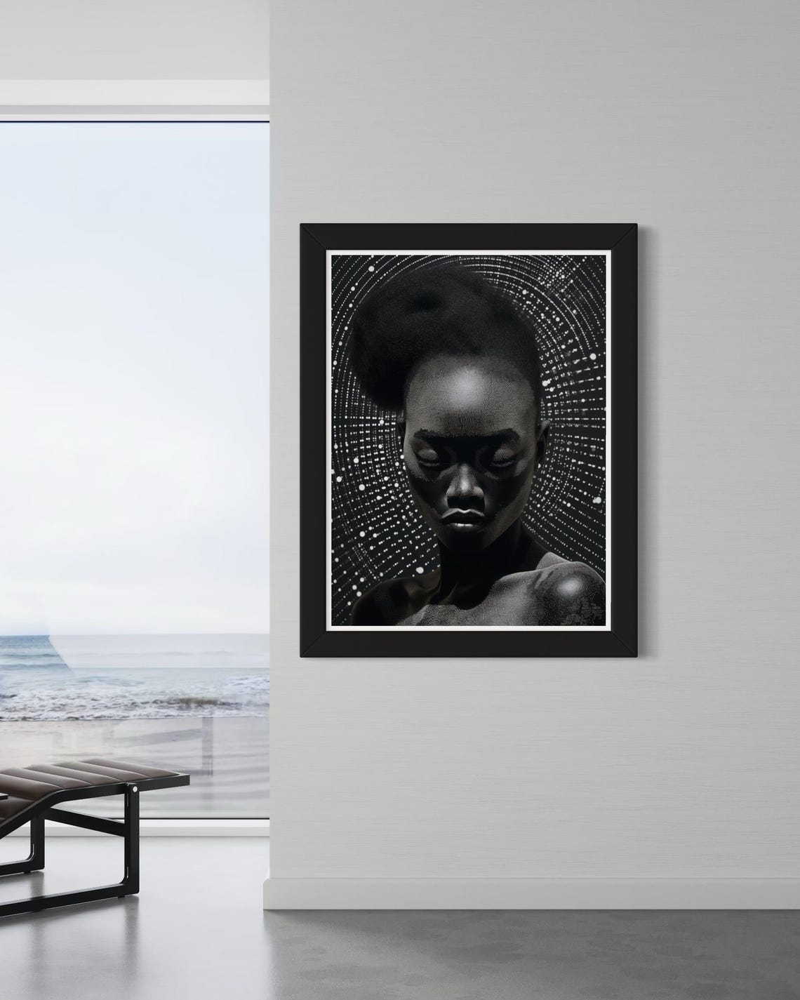 Black and White Woman Portrait Dotted Starburst Dramatic Wall Art - Image 6