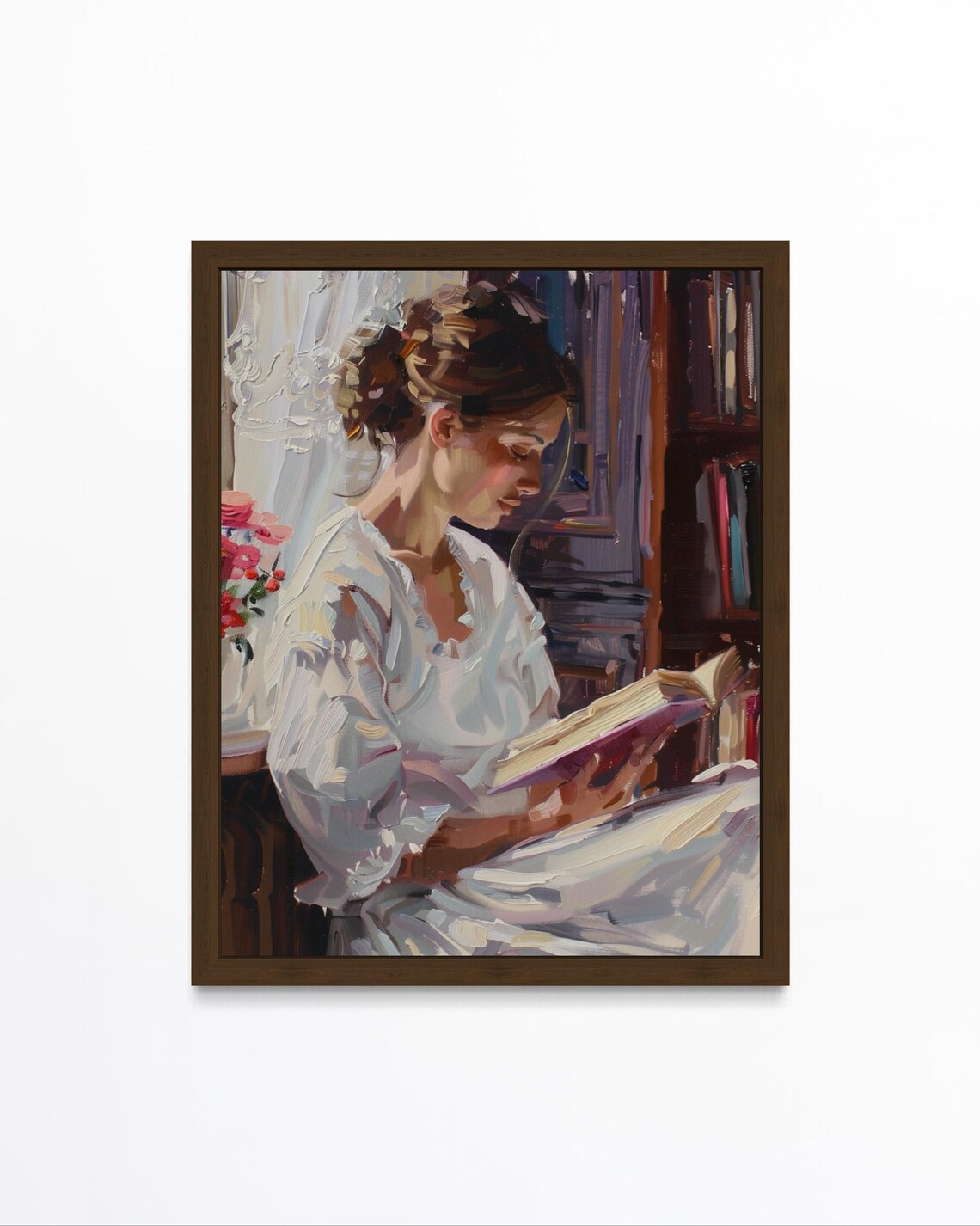 Woman Reading In White Dress Impressionist Library Oil Art Poster