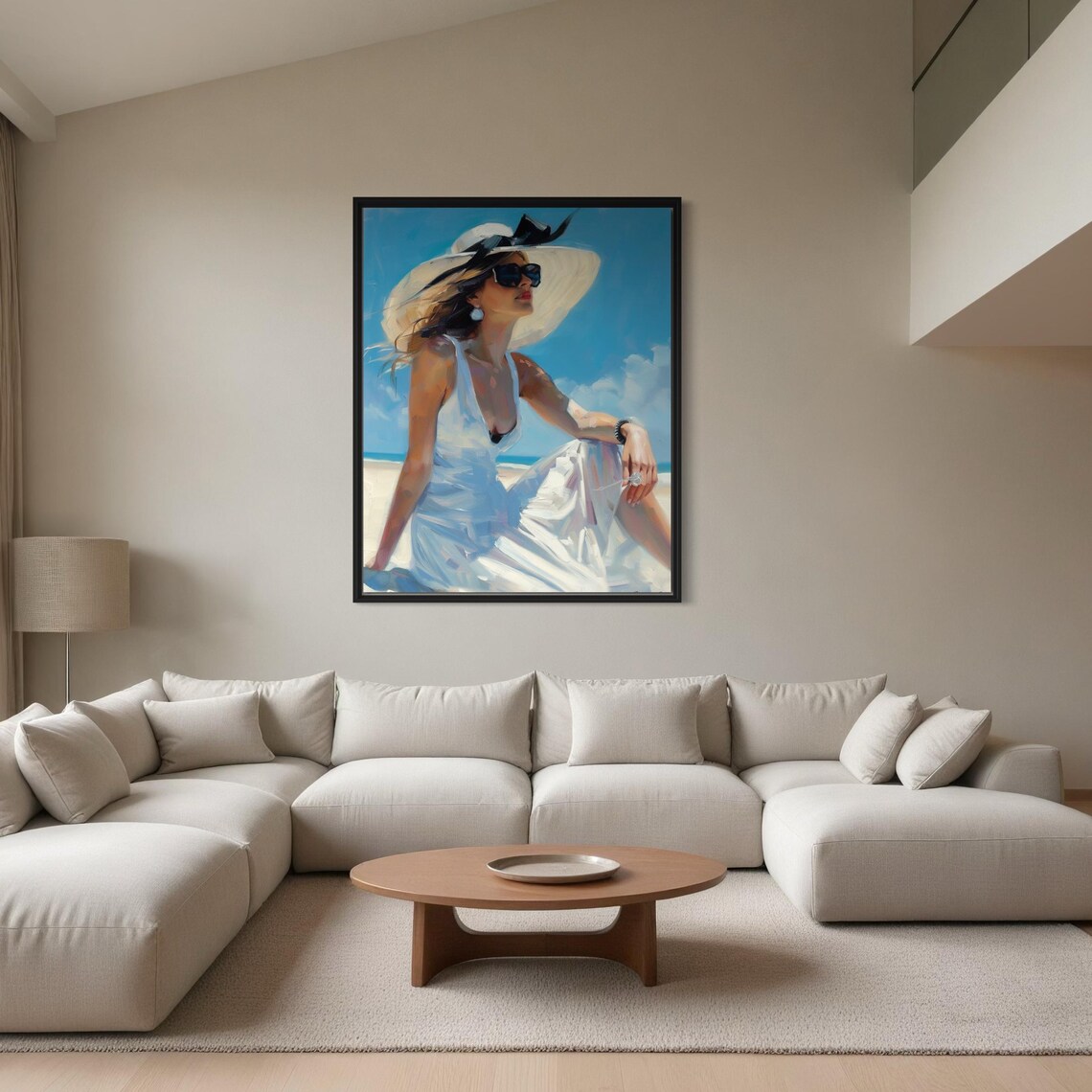 Elegant Woman in White Dress and Straw Hat on Beach Art Poster - Image 2