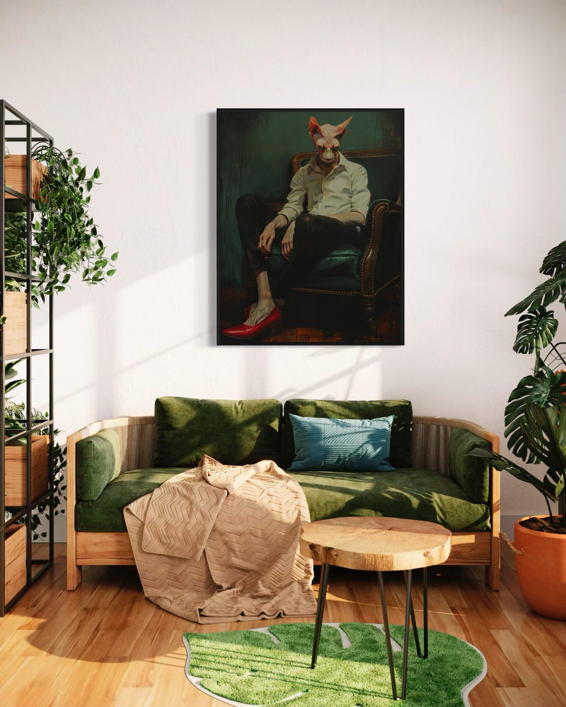 Surreal Anthropomorphic Sphynx Cat Portrait Red Heels Chair Wall Art - Image 6