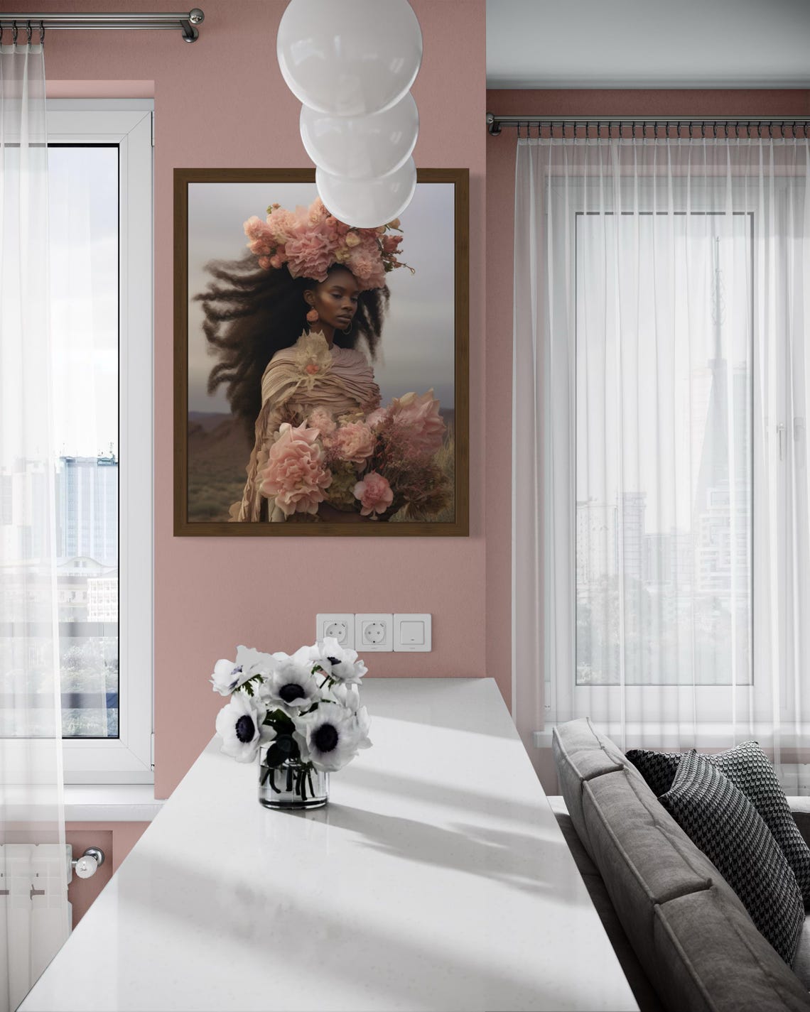 Black Woman With Pink Flower Crown Holding Bouquet Afro Art Print - Image 7