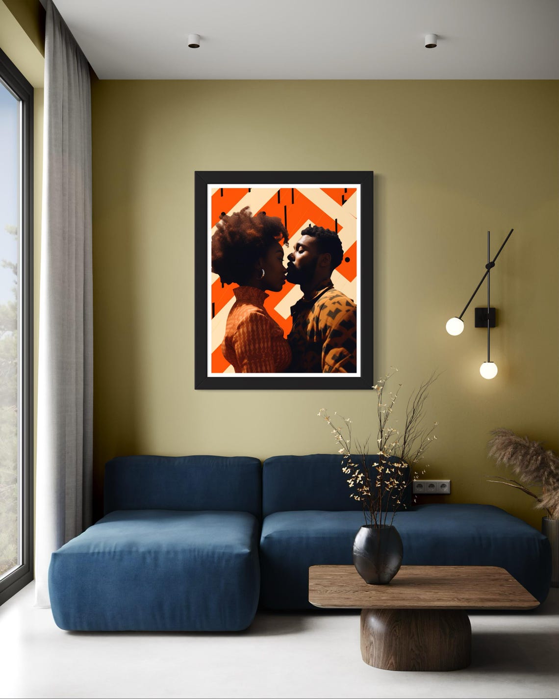 Black Couple Kiss Moment Orange Geometric Modern Romance Poster - Image 2