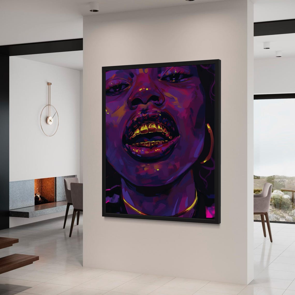 Neon Purple Portrait With Gold Grillz and Hoop Earring Art Poster - Image 5