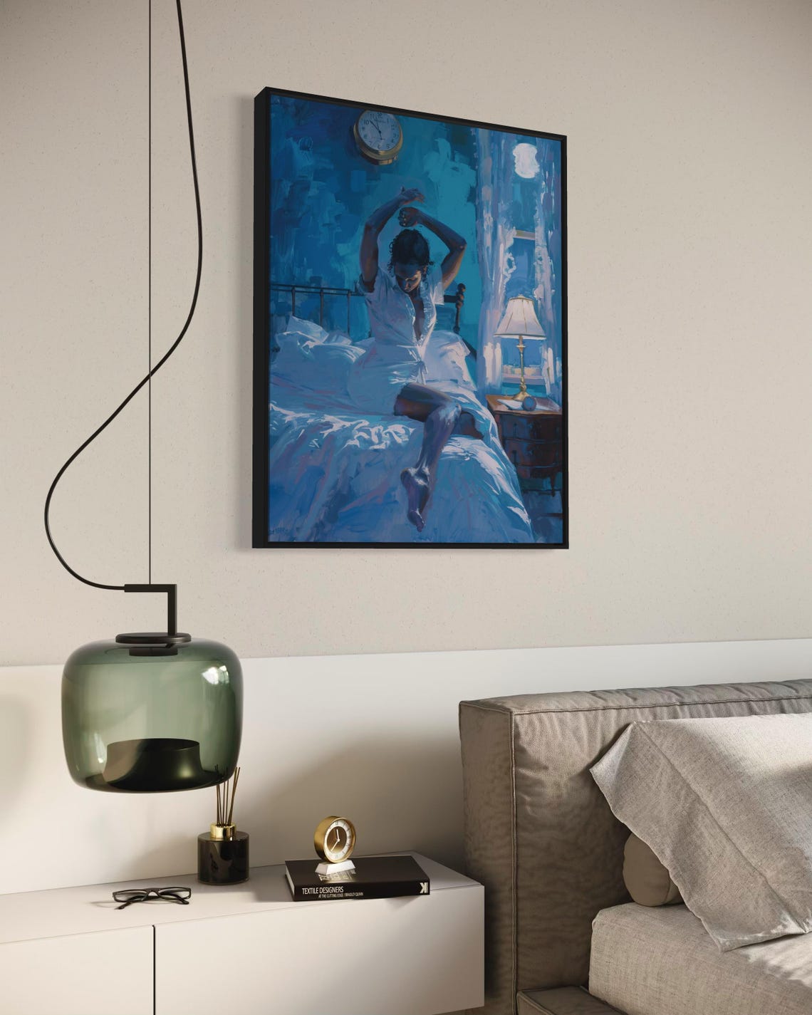 Blue Night Woman Stretching Bed Dreamy Moonlit Bedroom Art Poster - Image 3