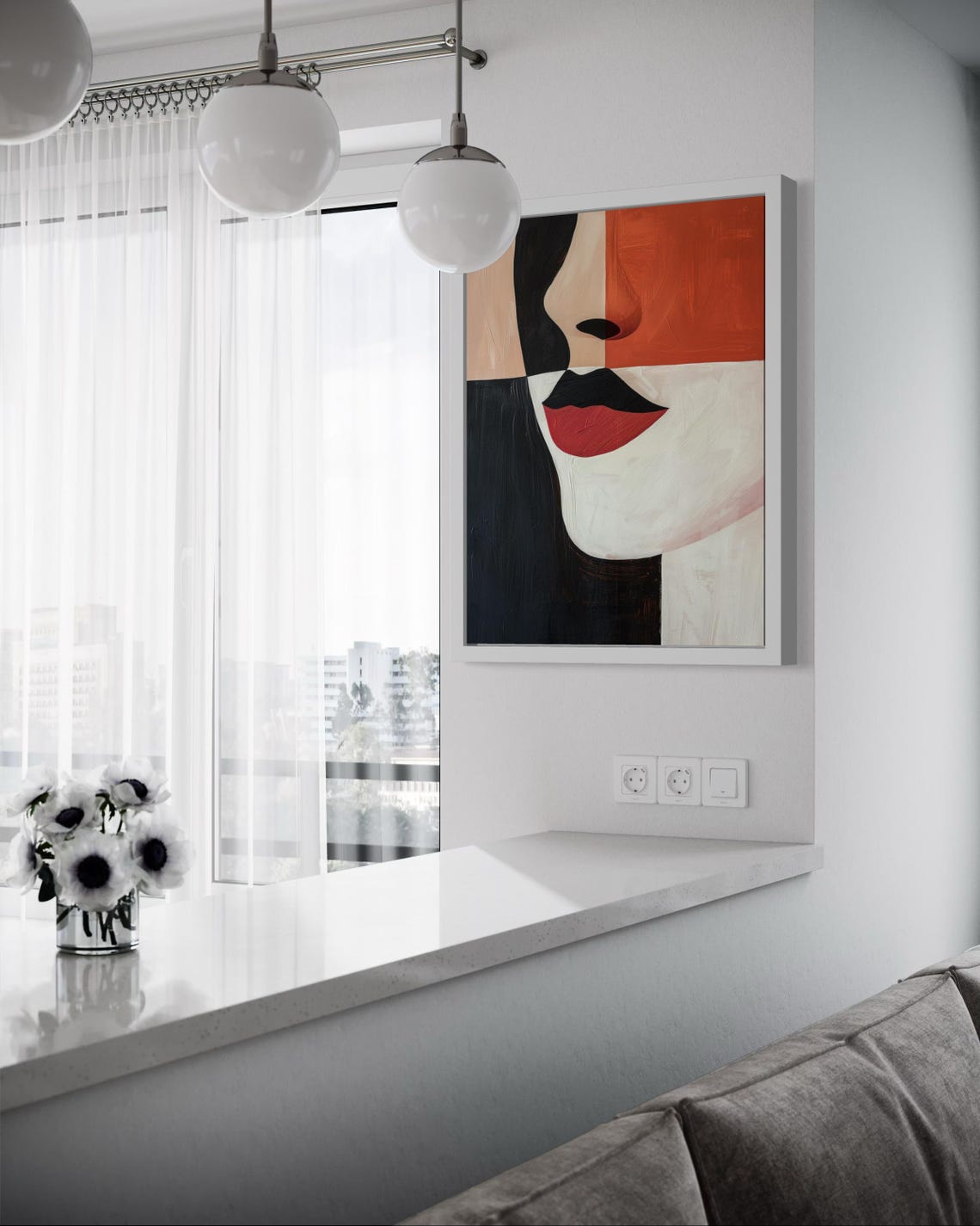 Abstract Minimalist Woman Face Red Lips Modern Geometric Poster - Image 4