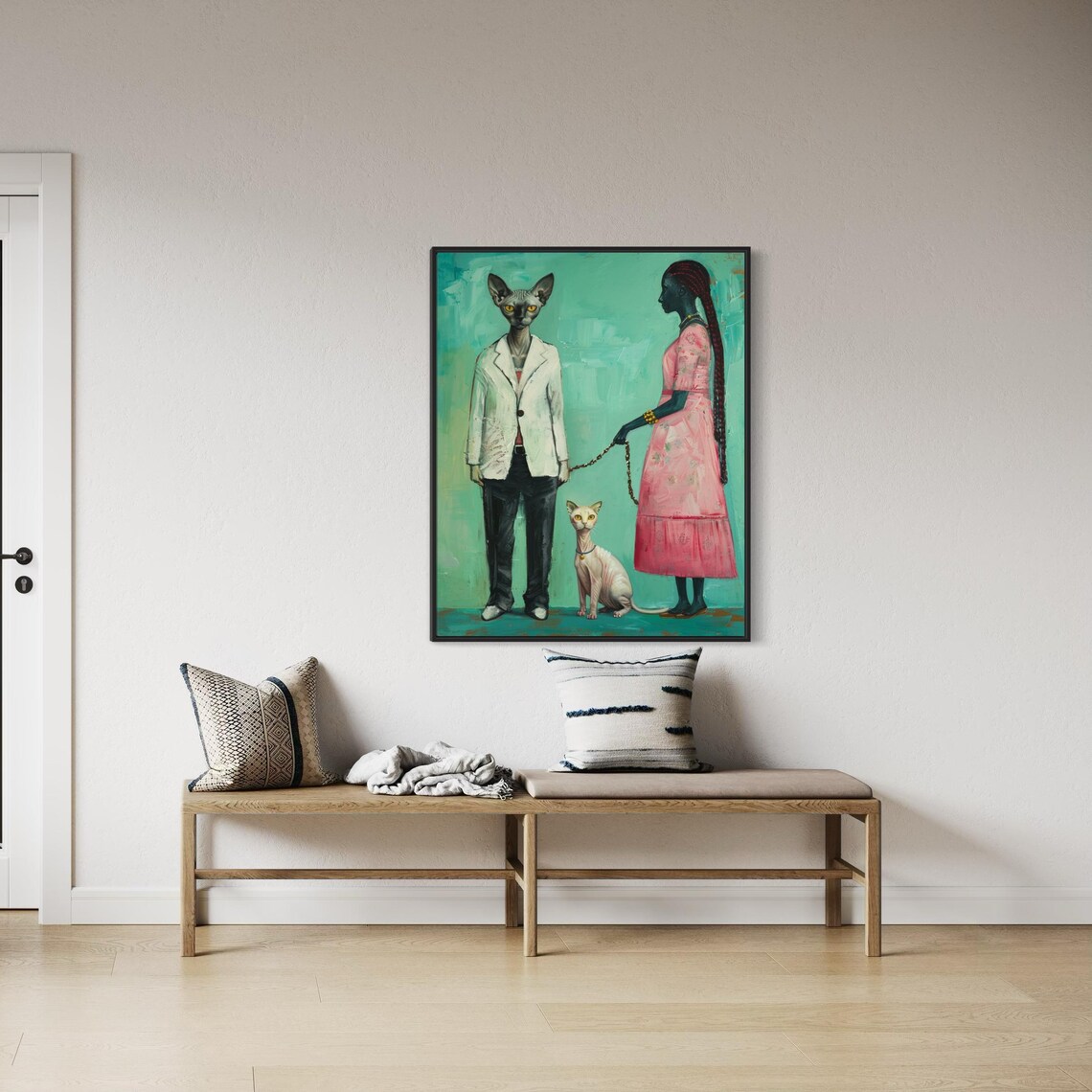 Surreal Sphynx Cat Couple Portrait With Pink Dress Woman Art Poster - Image 6
