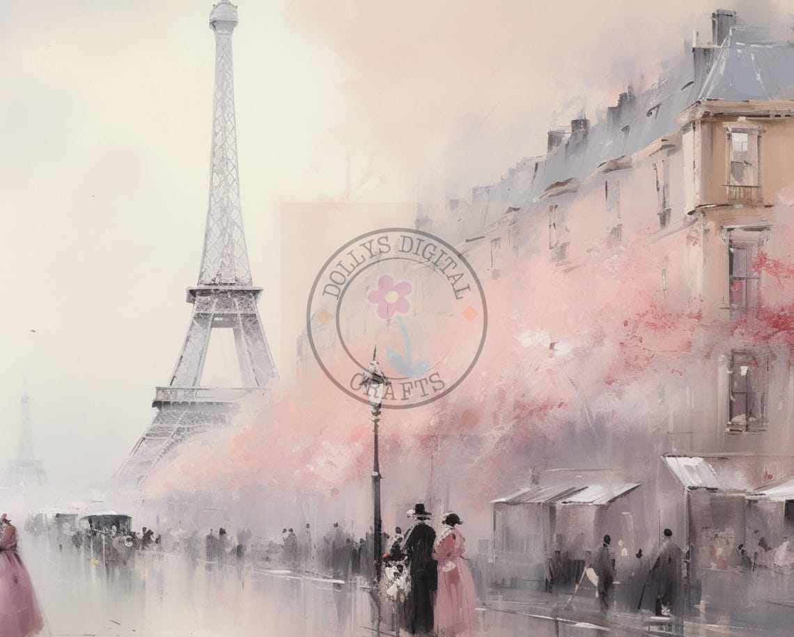 Romantic Paris Street Eiffel Tower Pink Blossom Watercolor Poster - Image 4