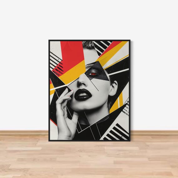 Modern Abstract Fashion Wall Art Bold Black And White Portrait Print With Red And Yellow Accents Contemporary Pop Art Decor