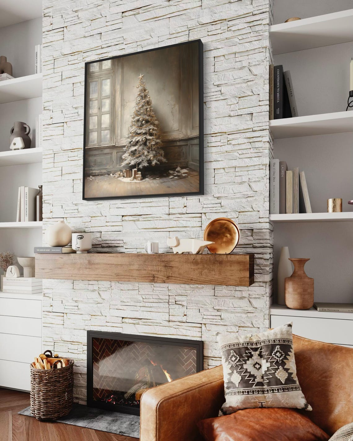 Minimalist White Christmas Tree Rustic Room Vintage Holiday Wall Art - Image 6