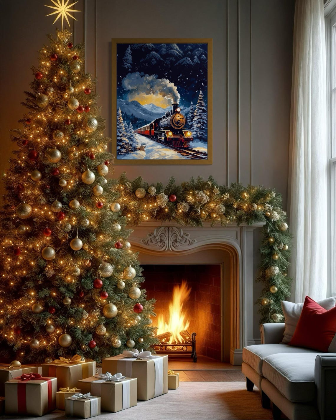 Vintage Christmas Train Snowy Mountain Night Winter Scene Poster - Image 3