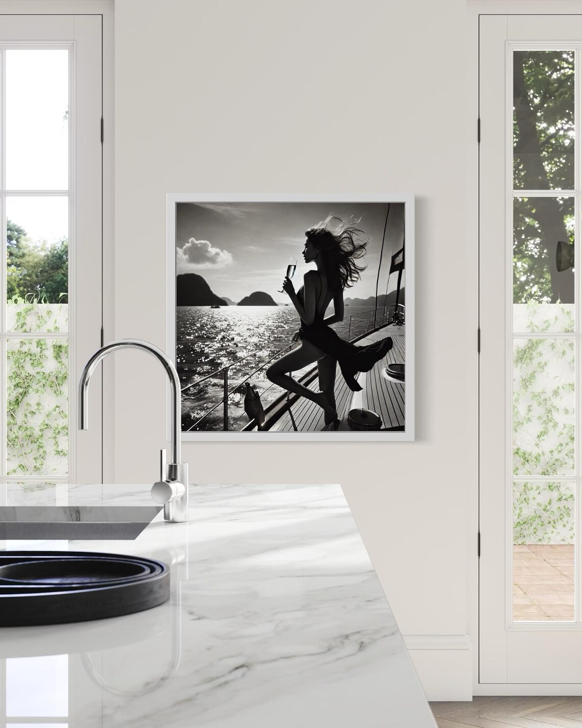Black and White Yacht Deck Woman Champagne Glass Sailing Poster - Image 4