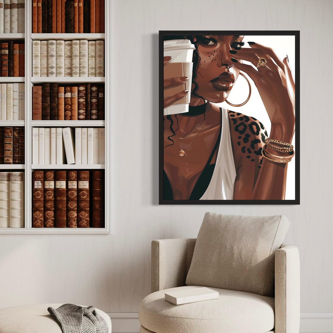 Black Woman Holding Coffee Cup Leopard Spots Glamour Art Poster - Image 3
