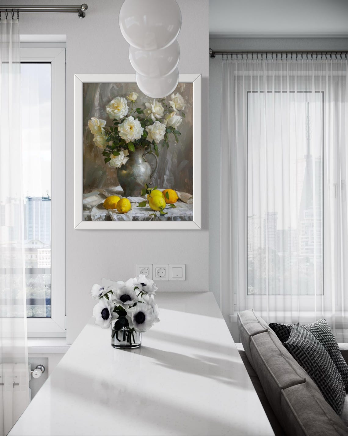 White Roses In Pitcher With Lemons Classic Still Life Art Poster - Image 6