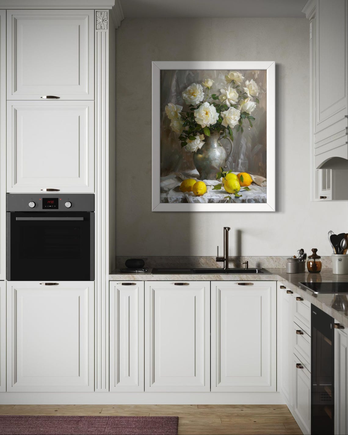 White Roses In Pitcher With Lemons Classic Still Life Art Poster - Image 2