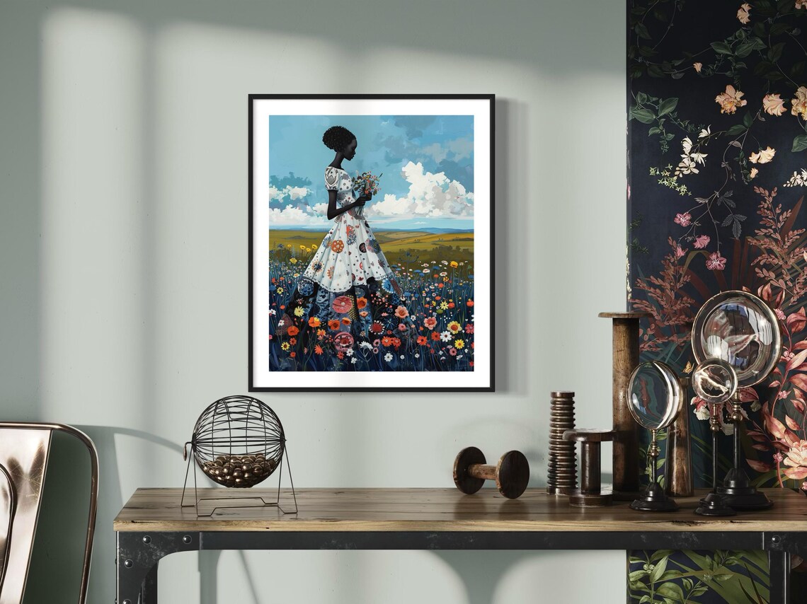 African Woman Floral Landscape Art Print, Bold Decor