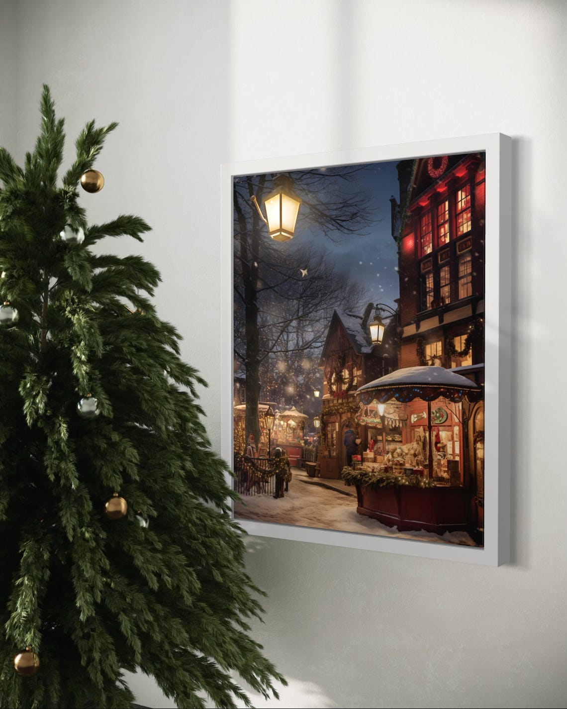 Victorian Christmas Market Snowy Street Night Festive Wall Art - Image 4