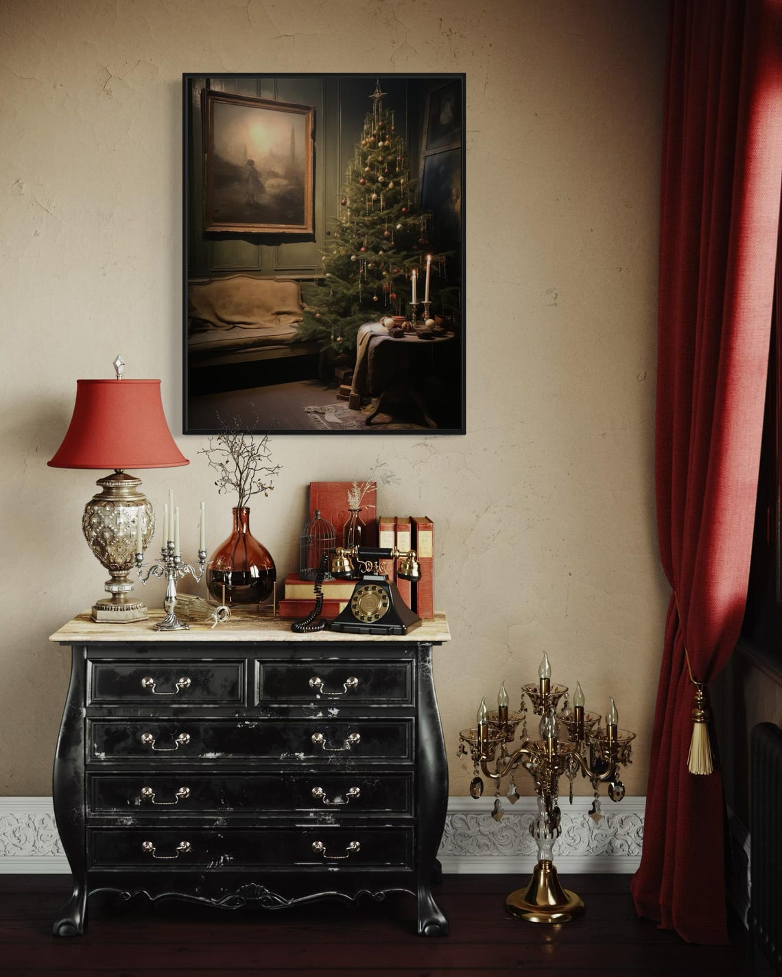 Cozy Christmas Room Tree Candlelight Moody Vintage Interior Wall Art - Image 5