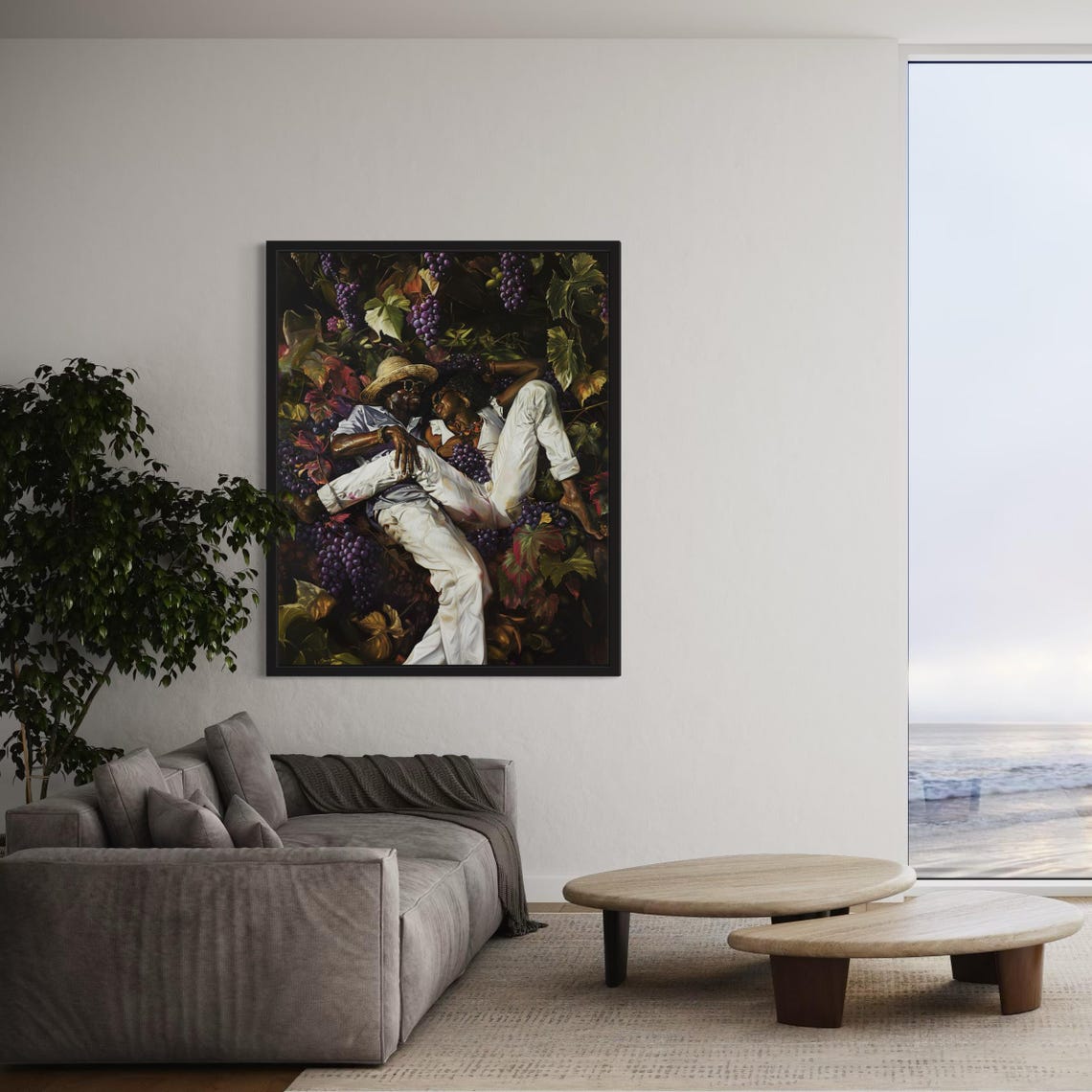 Black Couple Relaxing in Vineyard Among Grapes Romantic Art Poster - Image 5