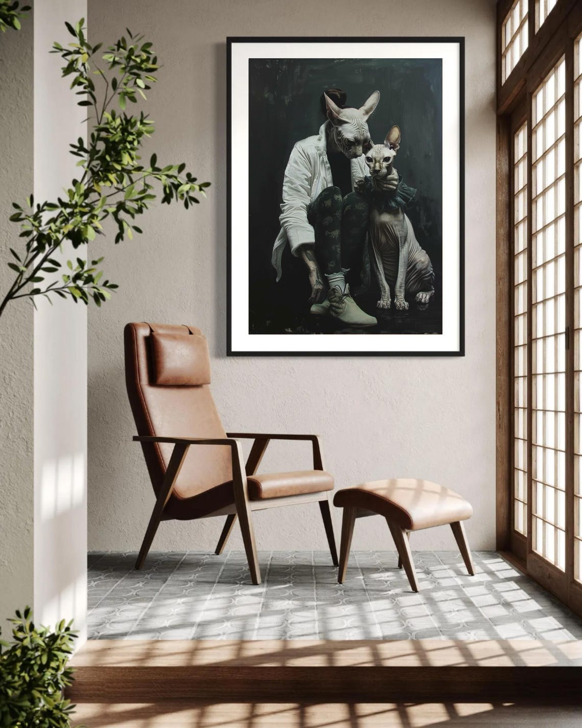 Sphynx Cat Head Human Portrait Dark Academia Cat Lover Wall Art - Image 3