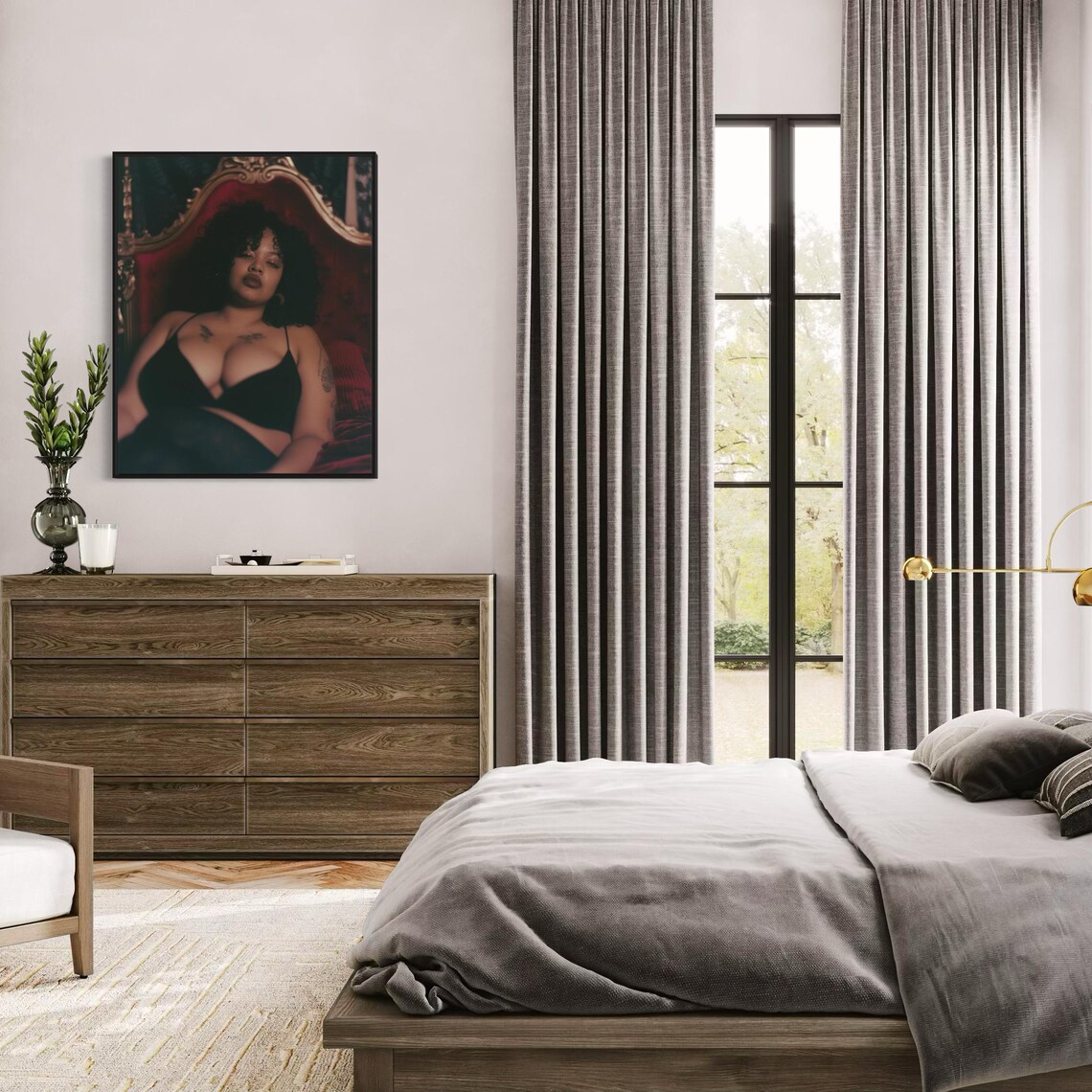 Boudoir Portrait Curvy Woman Black Lingerie Red Bed Art Poster - Image 7